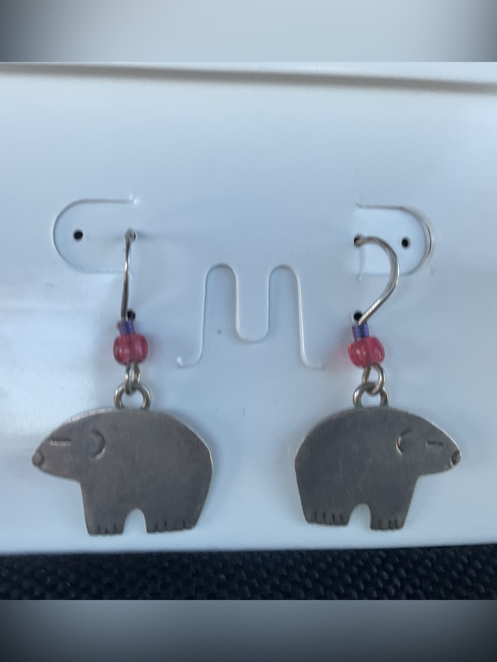 Bear Dangle Earrings with Pink Beads